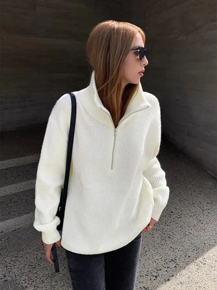 Casual Long Fashion Zippers Sweaters Winter Womens Turtleneck Knitted Oversized Solid Gray Black Sleeve Pullovers for Women 251027