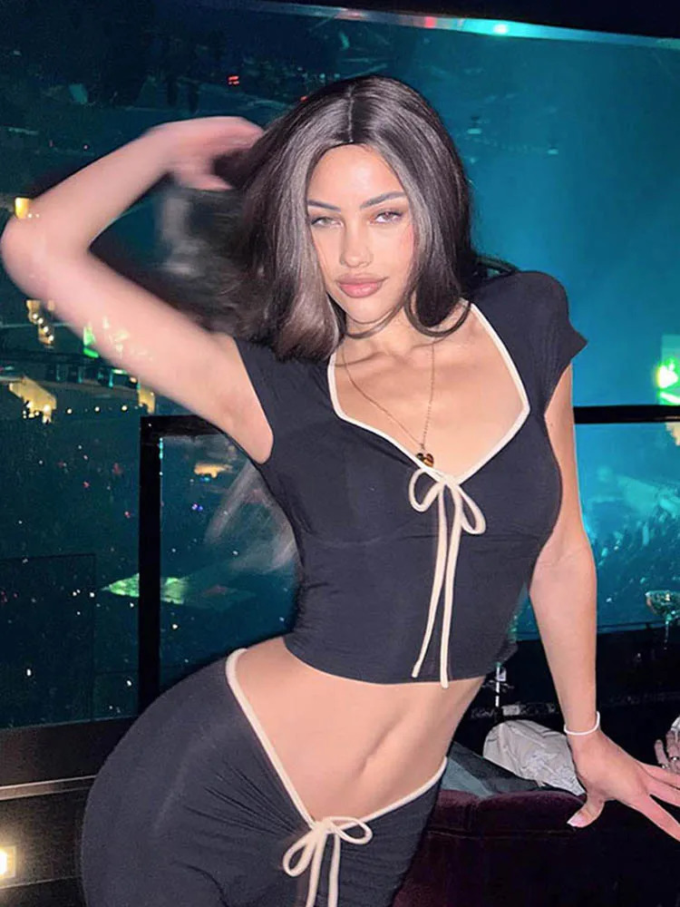 Y2k Summer Crop Top Bow Baby Tees Womens Clothes Chic Cute Low Cut Short Sleeve T Shirts Black 251027