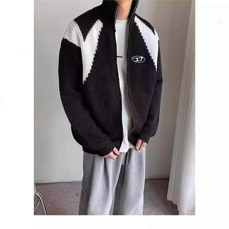 American Style Color Block Zipper Cardigan Sweater For Men Autumn Winter Trendy Street Style Stand Designer Sweater Collar Long Sleeve Lazy Style Loos