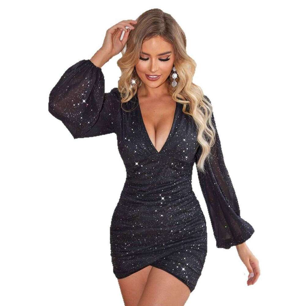 2025 Trend Hot-Selling Elegant Long-Sleeve Sexy Black Versatile Slim Sequin Dress