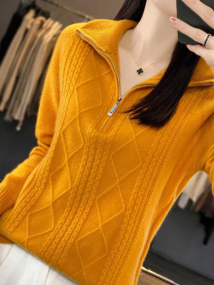 Women 100 Merino Wool Sweater Turtleneck Twisted Zipper Half Open Neck Pullover Autumn Winter Thickened Casual Knit Loose TopsT251027