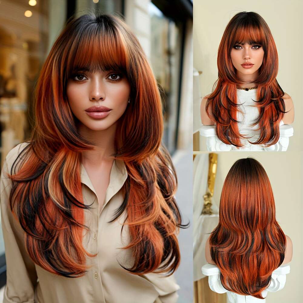 7Jhh WIGS Long Straight Ombre Orange With Dark Roots - 150% Density Heat Resistant Synthetic Hair, 24" Layered Cosplay Women, Rose Net Cap For Ha