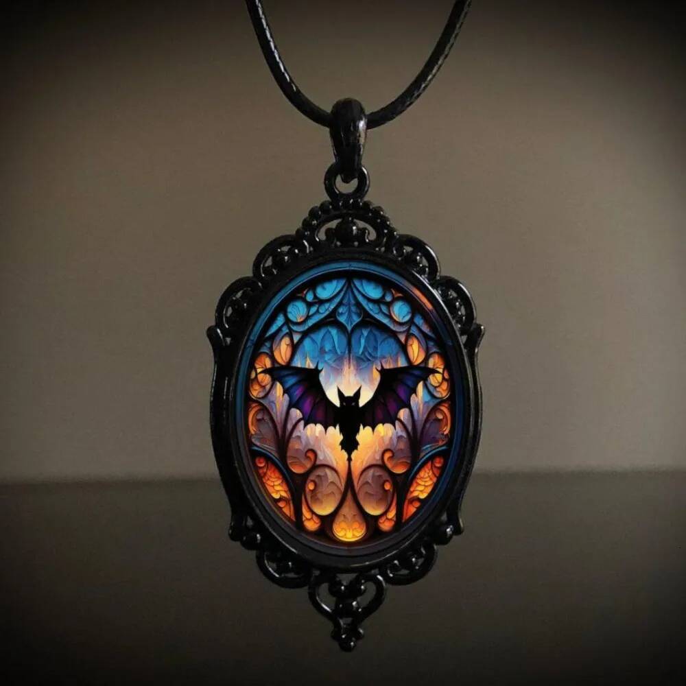 Retro Gothic Black Oval Relief Lacework Bat Witch Pendant Leather Rope Necklace for Women Punk Hallowmas Jewelry Accessory Gifts