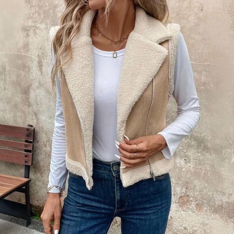 Women's Autumn Winter Short Loose Casual Sleeveless Fur-Lined Faux Wool Vest Jacket For Women 1fb3