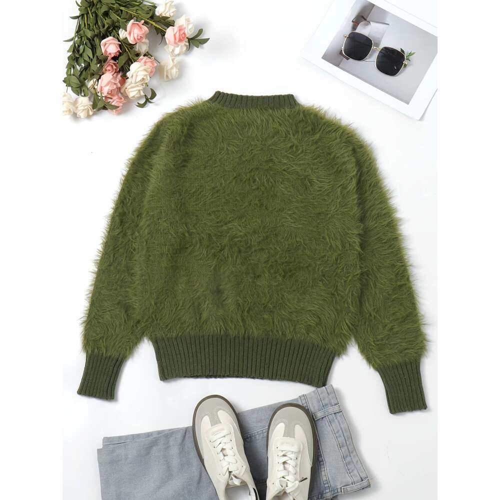 Cozy Plaid Knit Sweater Women - Pullovers With Faux Fur Sleeves, Ribbed Details, Round Neck, And Soft Polyamide Fabric For Autumn/Winter Season