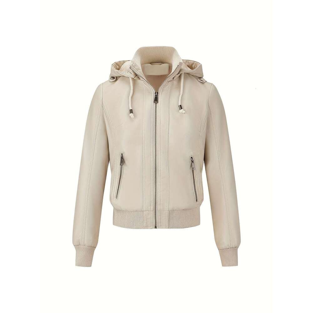 Chic Jacket Casual Chic Women's Black PU Leather Moto Jacket - Long Sleeve Zip-Up With Drawstring Hood Outerwear For Spring & Fall