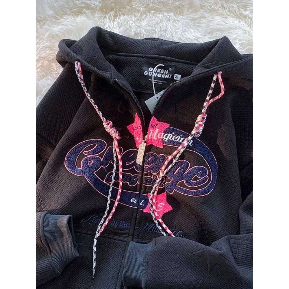 Oversized Hooded Sweatshirt Women Haruku Letter Graphics Print Hoodies Female Korean Fashion Vintage Casual Zipper Streetwear