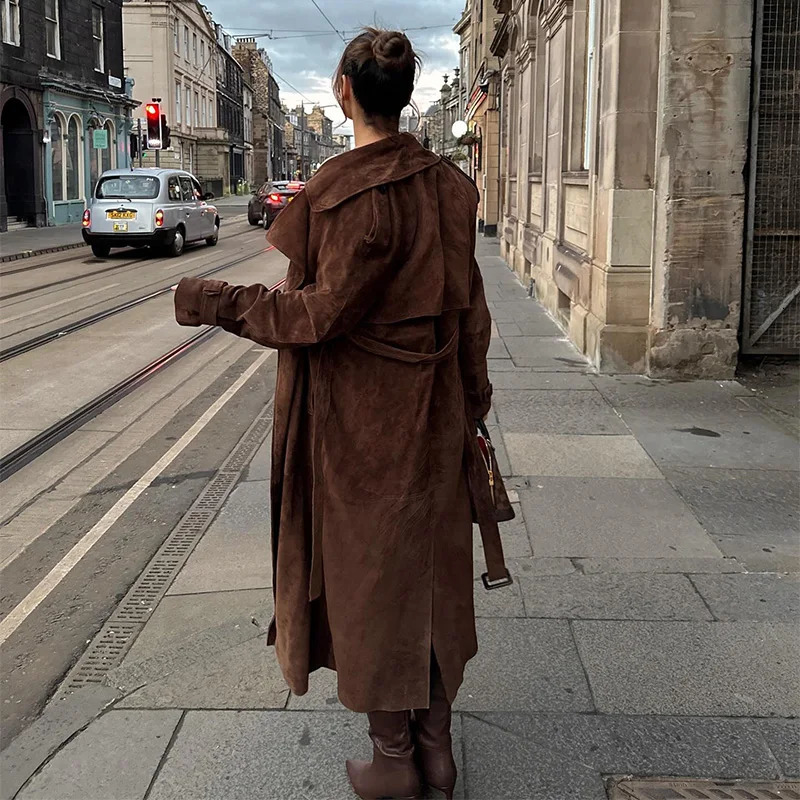 Autumn Retro Suede Dark Brown Lace Up Overcoat Women Casual Simple Elegant Long Coats Fashion Female Streetwear 251027