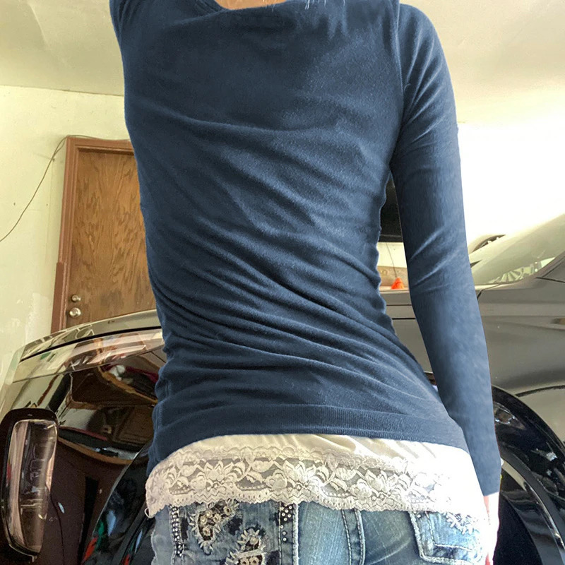 Vintage Lace Patchwork Cute Cotton Tshirts Women Korean Fashion Button Fairy Grunge Y2K Clothes Casual Spring Autumn Retro Tops 251027