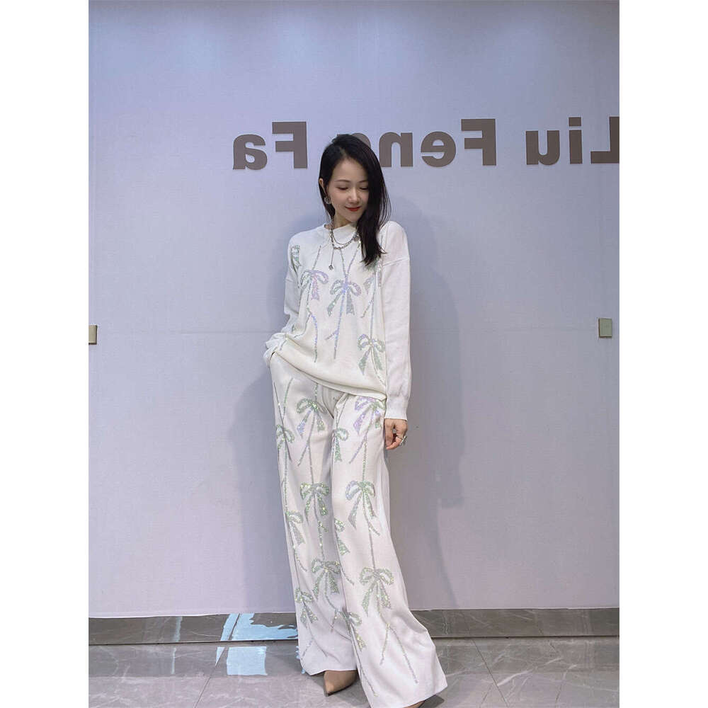 2025 Autumn New Fashion Rhinestone Knitted Two-Piece Set Loose Women's Top Casual Wide-Leg Pants Ladies Long Pants Suit