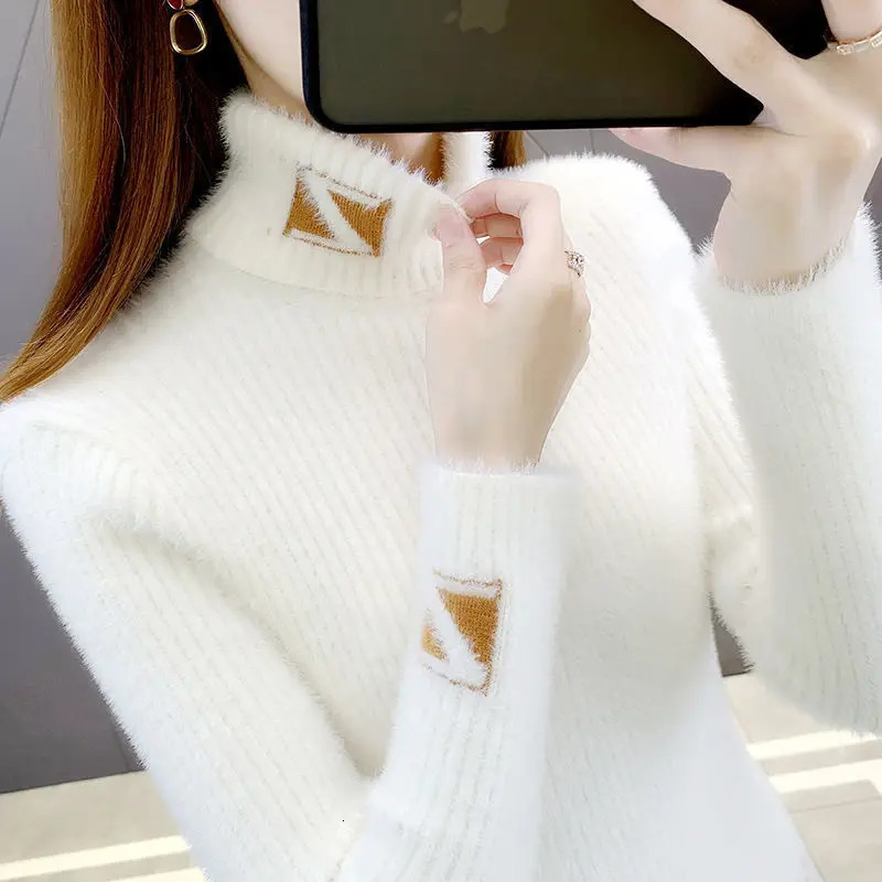 High Collar Pullover Sweater Women Mink Letter Jacquard Underlay Solid Western Knit Undercoat Autumn Winter Pullover Sweater 251027