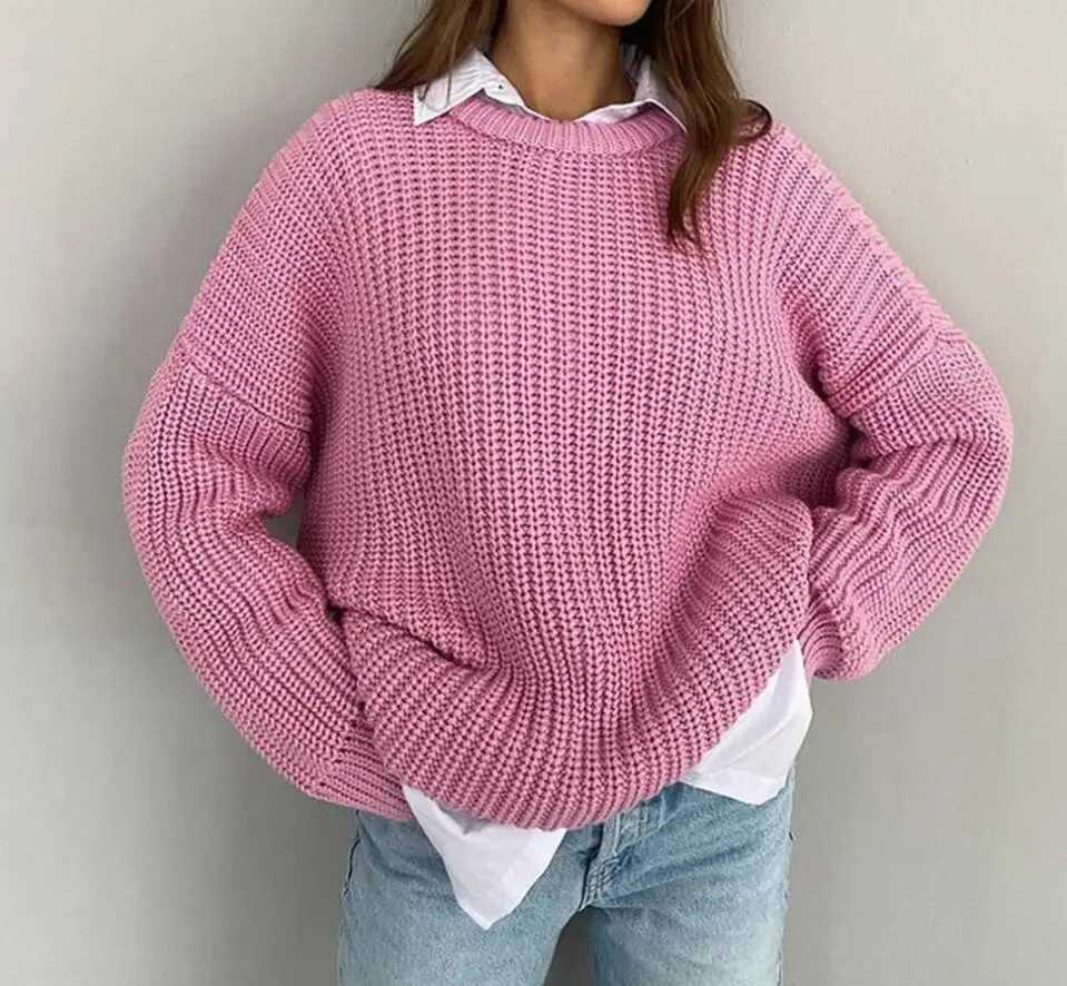 New AutumnWinter Fashion Long Sleeve Loose Round Neck Knitted Solid Color Sweater For Women6 ColorsT251027