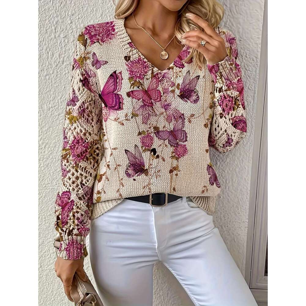 Graceful Autumn Winter, Spring Summer, Four-Season Style, Bohemian Fashion, Trendy Versatile V-Neck Long-Sleeve Women's Top With Butterfly Patter