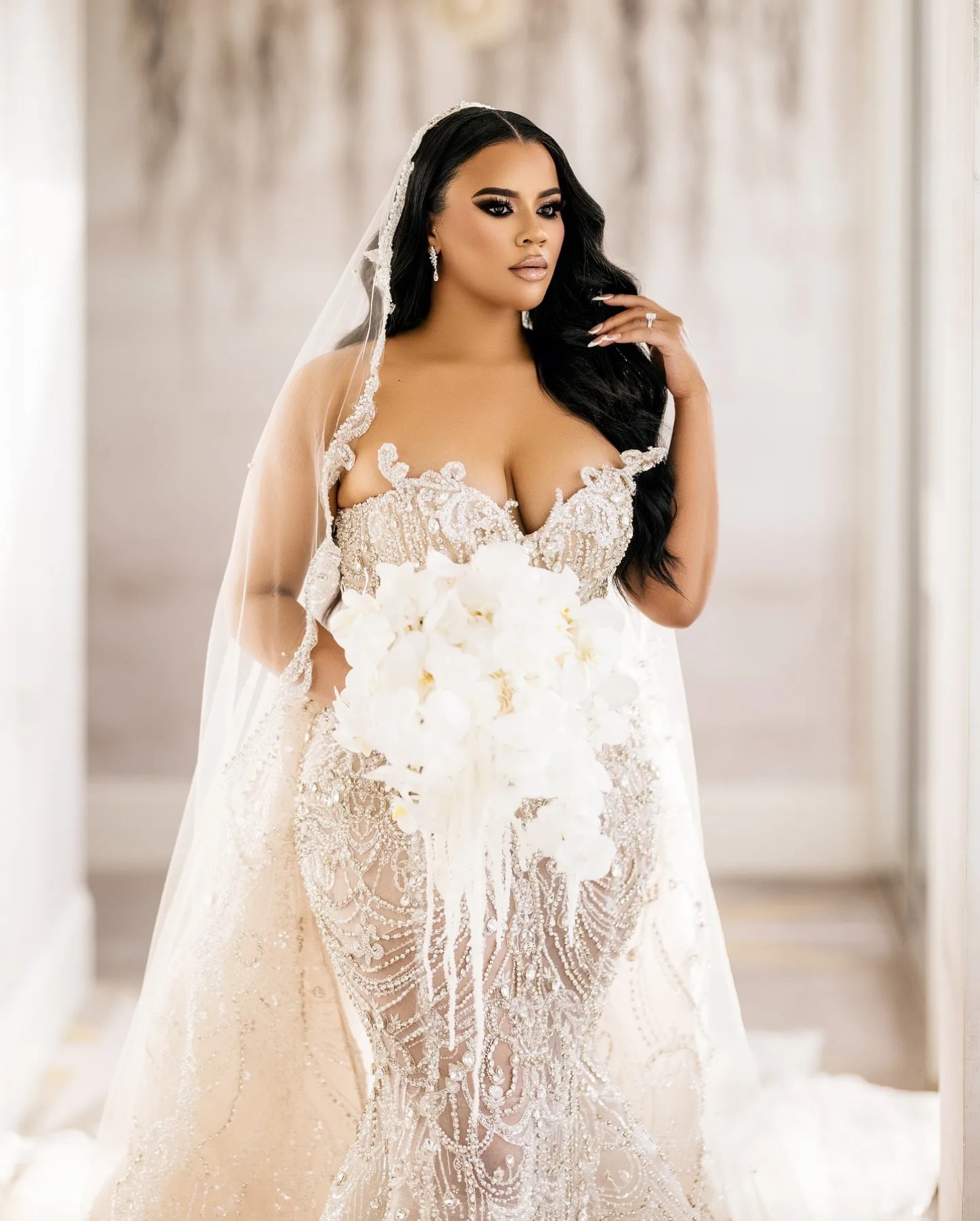 Plus Size Mermaid Wedding Dresses in Aso Ebi Arabic Style Ivory with Beaded Crystals and Detachable Train