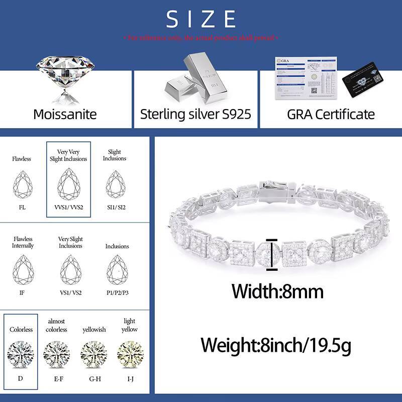 Custom Moissanite Diamond Fine Jewelry Four Leaf Clover Square Geometric 925 Solid Silver D Color Moissanite Bracelet