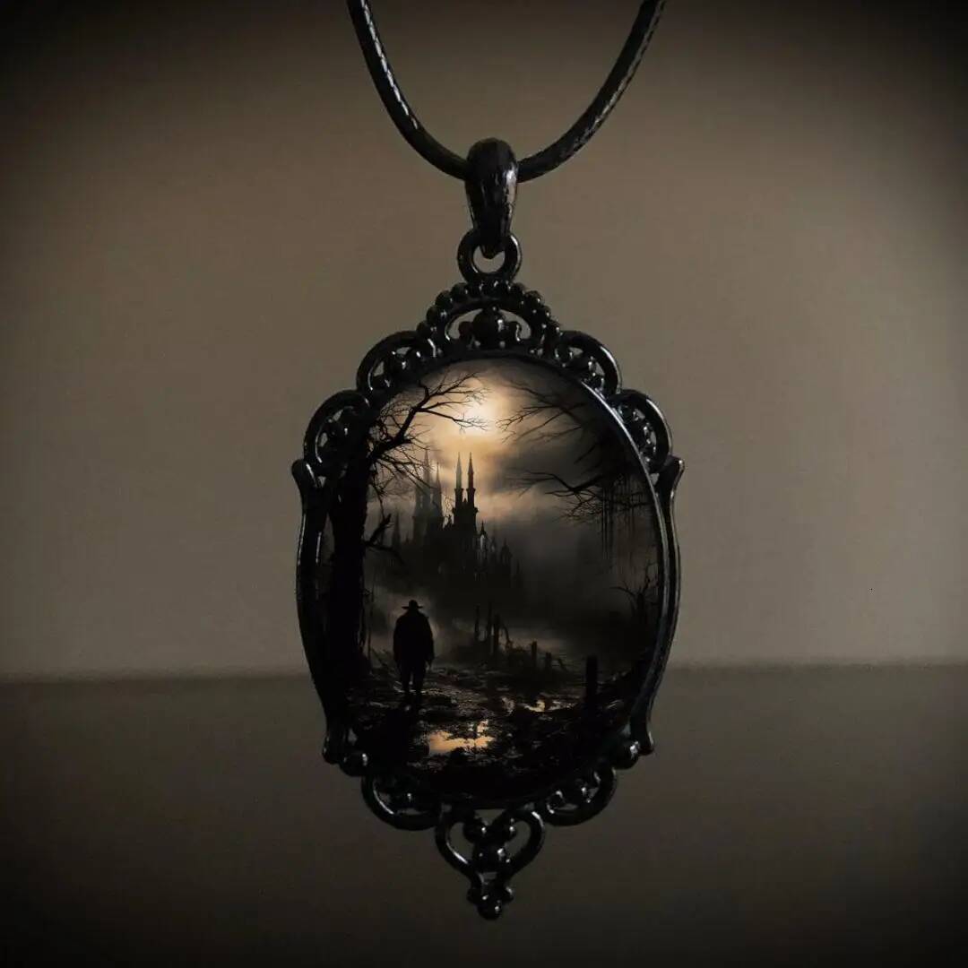 Gothic Cameo Necklace,Vintage Crystal Glass Witch Pendant Punk Style Mystery Necklace Goth Victorian