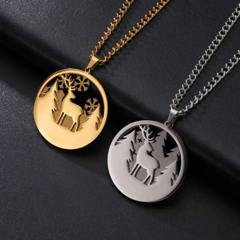 Lemegeton Snow Deer Necklace Stainless Steel Double Pendant Choker Neck Chain Forest Animal Jewelry Couple Christmas Day Gifts