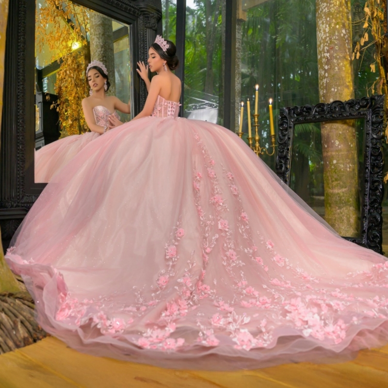 Pink Quinceanera Dresses Off The Shoulder Applique Flower Beading Crystal Tull Party Birthday Sweet 16 Dress Vestidos 15 De Anos