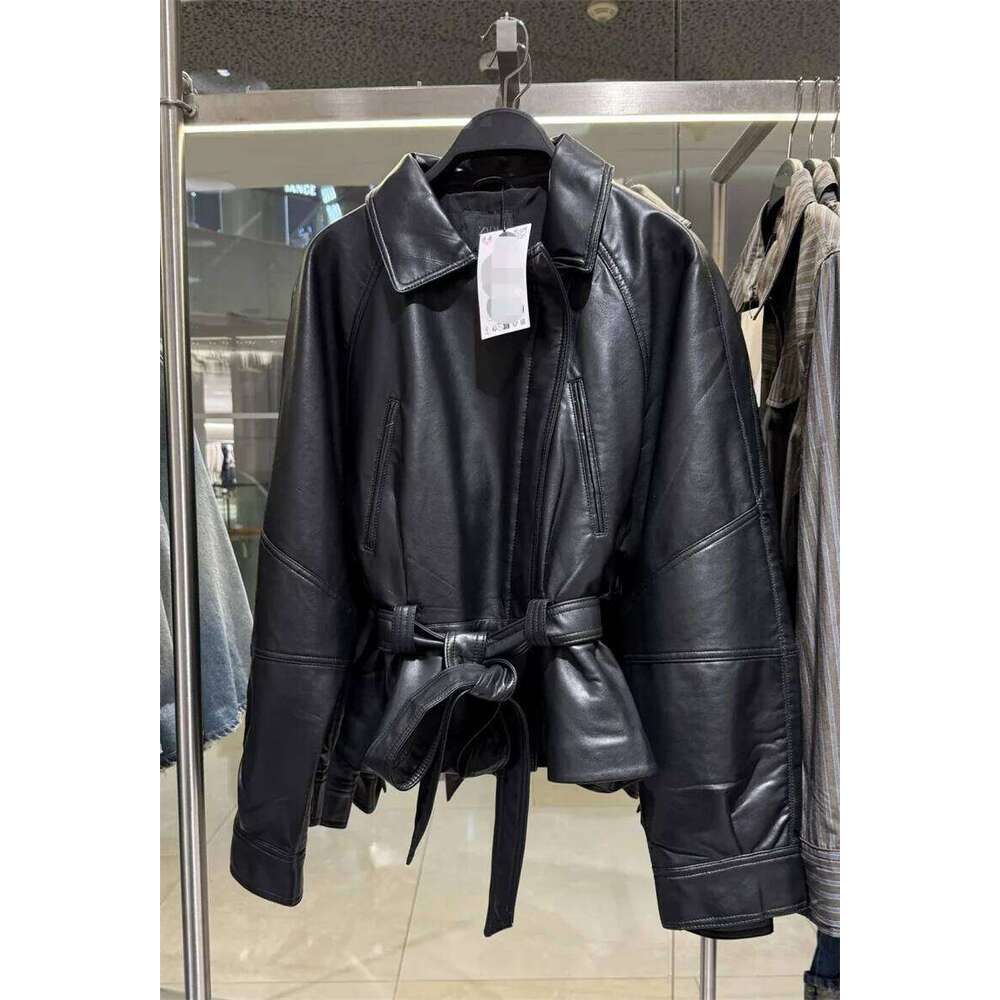 Women's 2025 Autumn New Arrival Black Long-Sleeve Faux Leather Short Trench Coat Motorcycle Style Fashionable And Unique