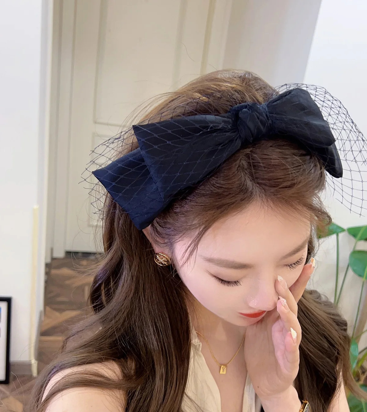 Cute Black Mesh Headband for Women Fashion Party Headdress Bow Knotted Hairband Face Washing Headwear Hair Bow Hair Hoop 251023
