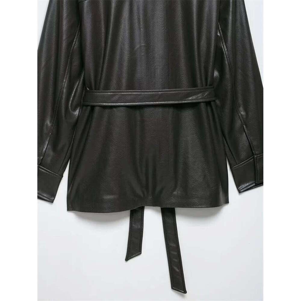 Women's New Fall 2025 Dark Green Long-Sleeved Faux Leather Jacket Pocket Decoration With Belt Casual Personality Mot