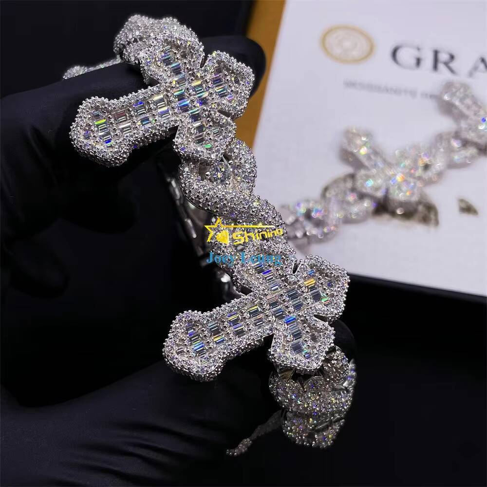 Luxury Cross Design Hip Hop Jewelry 925 Silver Charm Iced Out VVS Baguette Moissanite Cuban Bracelet