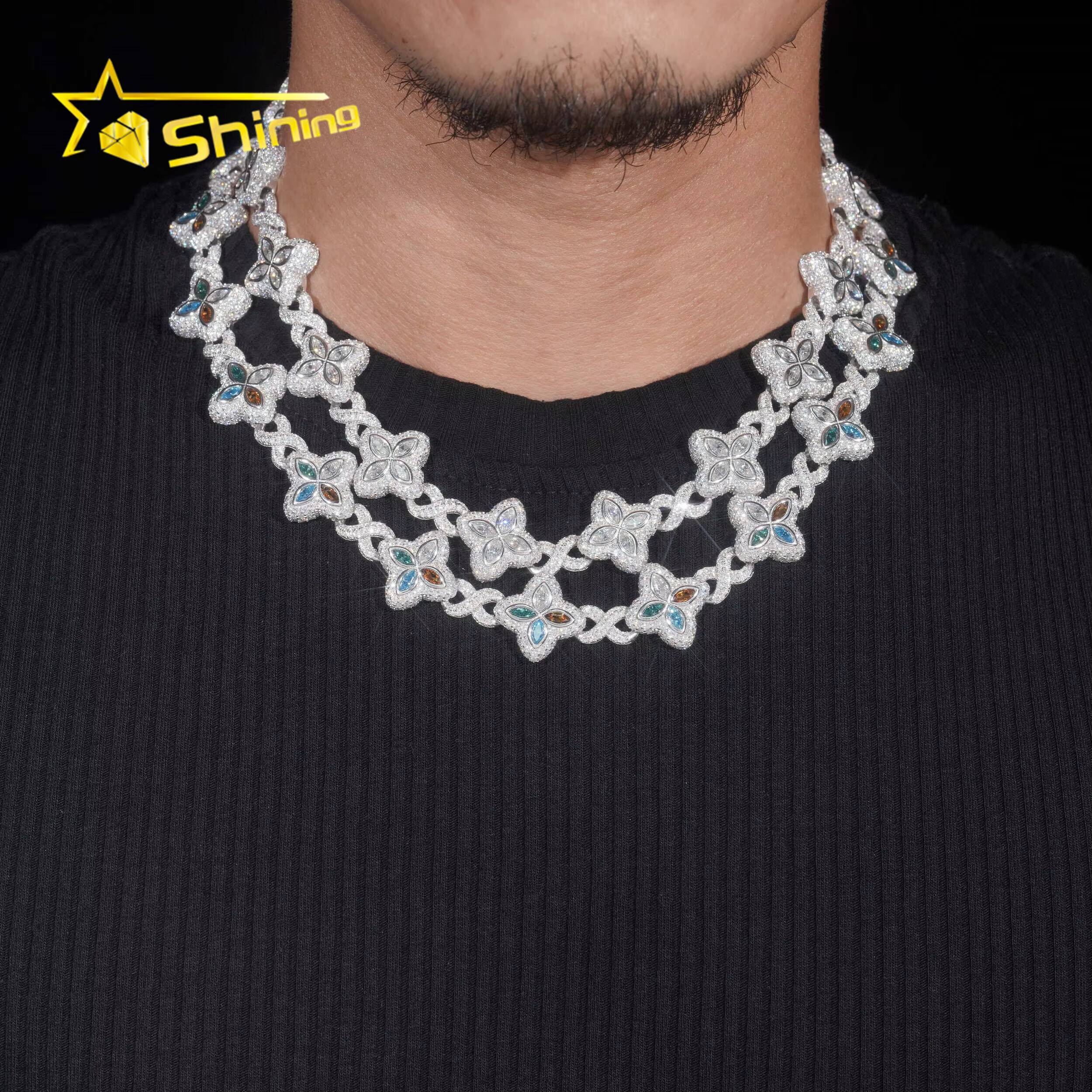Rapper Hip Hop Jewelry Iced Out Moissanite Necklace 925 Silver Colored Four Leaf Clover VVS Moissanite Cuban Link Chain
