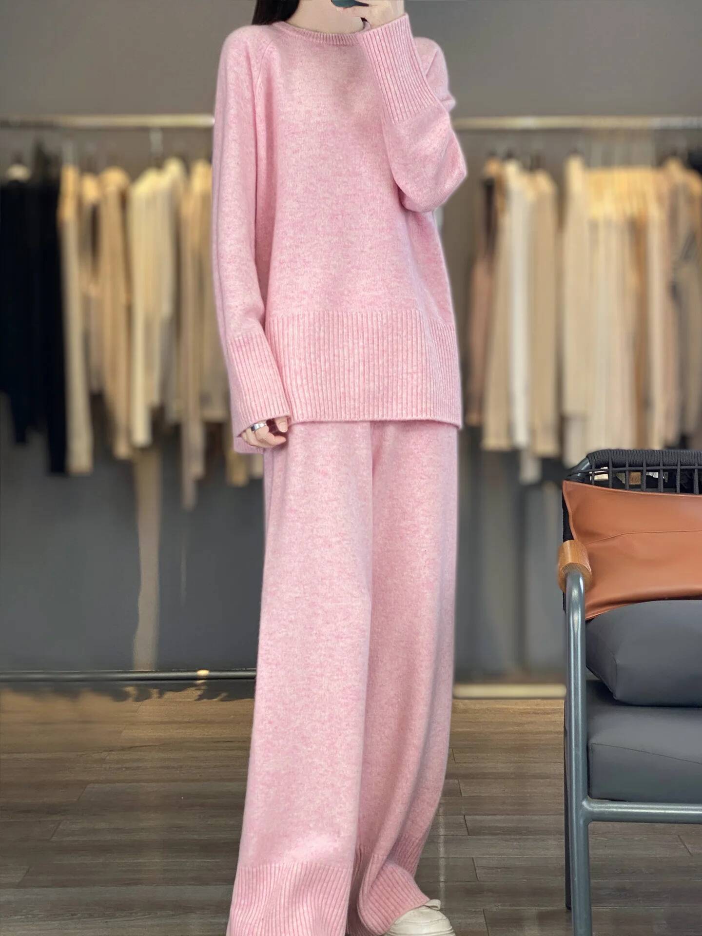 Autumn And Winter Round Neck Thickened Split Thread Knitted Sweater Wide Leg Pants Two-Piece Women's Loose Cashmere Suit
