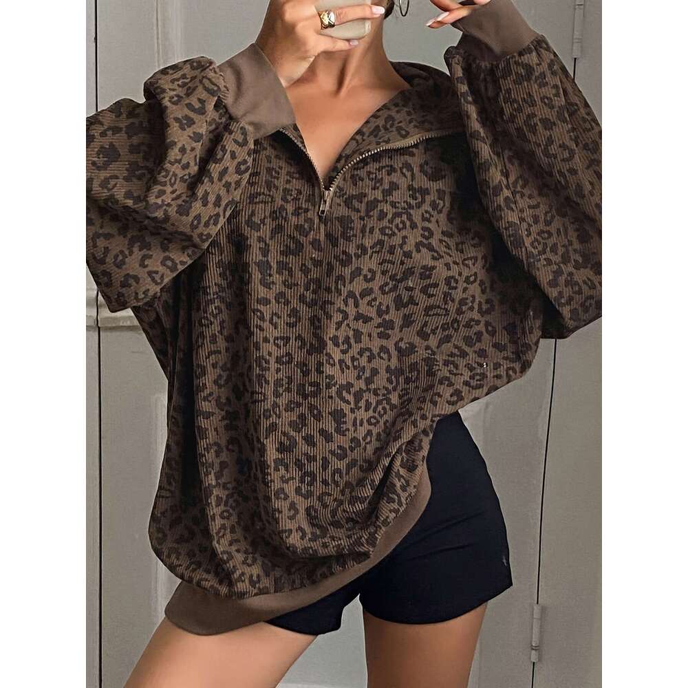Women's Casual Zip-Up Long Sleeve Sweatshirt - Loose Fit, Half-Zip Design, Brown & Black Retro Style, Cozy Fall/Winter Wear, Leopard Print Sweate