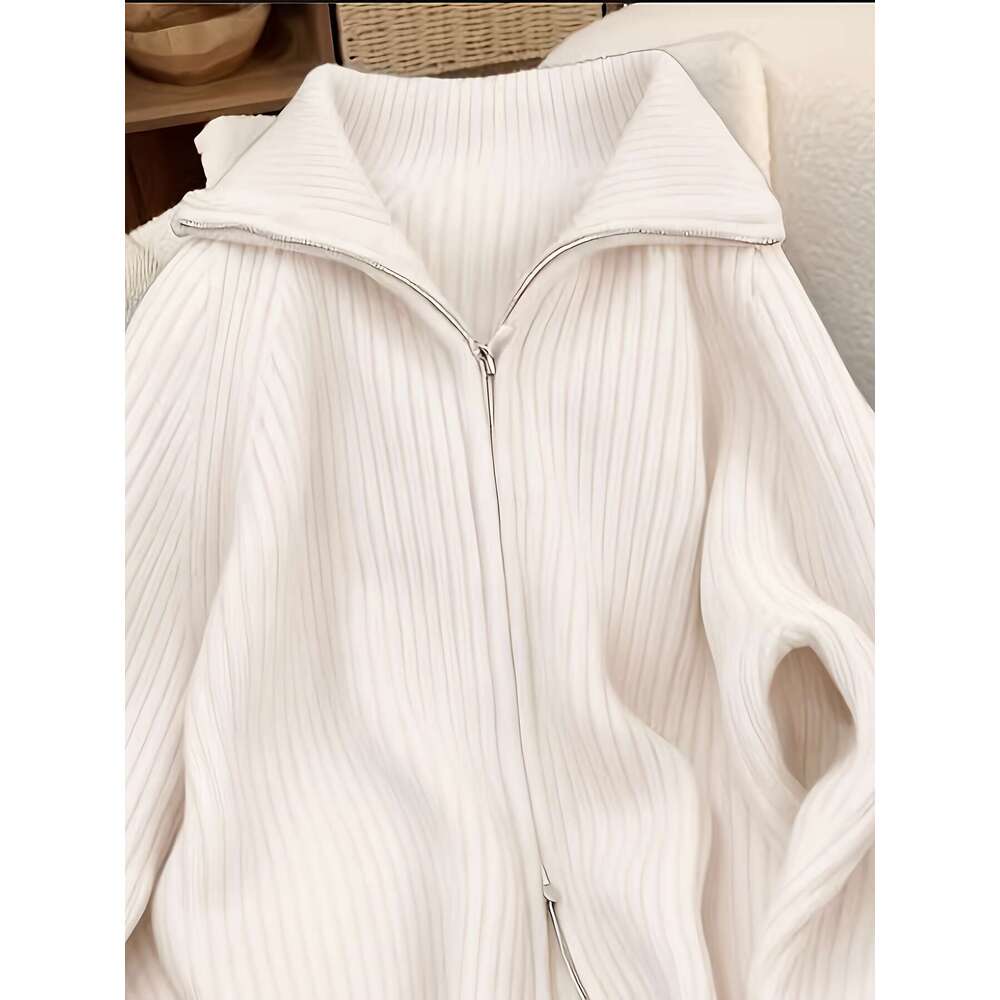 Women's Elegant Gray Cardigan - Soft Long Sleeve Open Front Sweater With Zipper Closure, Loose Fit Fall Winter Coat For Everyday & Formal Outfits