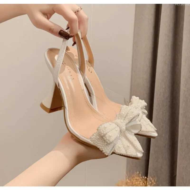 Fi Design White Pearl Bowknot Women Pumps Sexy Pointed Toe High Heels Wedding Prom Shoe PVC Transparent Sandal FemaleXJ251027