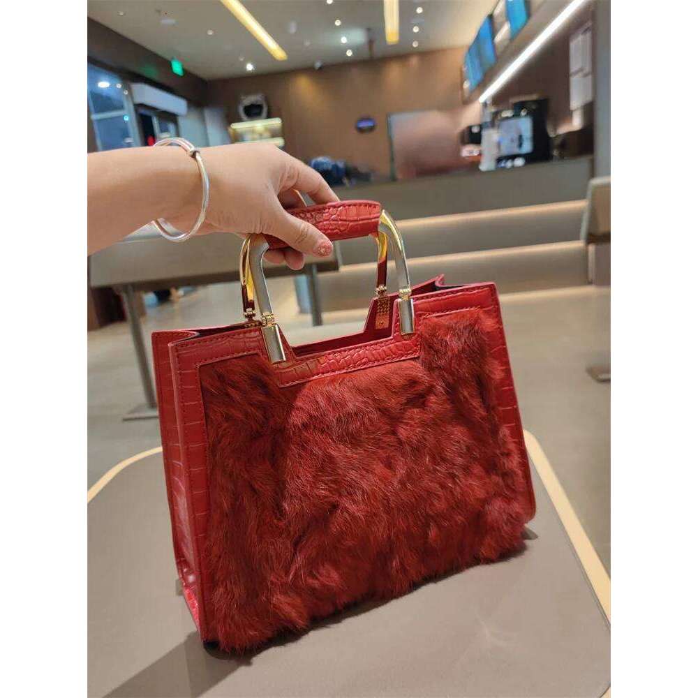 Genuine Leather Women's Handbags Fashion Real Rabbit Hair Single Shoulder Messenger Bag Large Capacity Portable Tote Bags