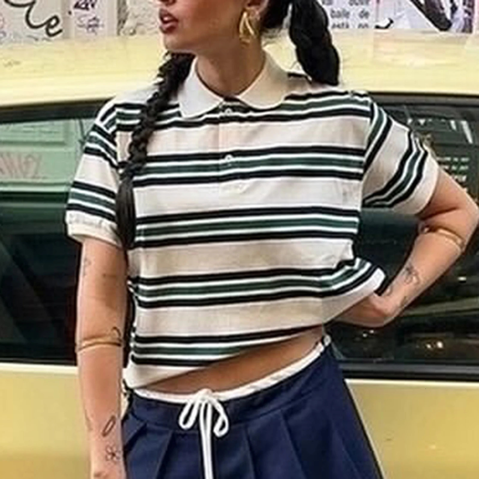 Fashion Womens Striped Shirts Short Sleeve Lapel Collared Teen Girls Preppy Henley 90s Vintage Tee Crop Tops Y2K T Shirts 251027