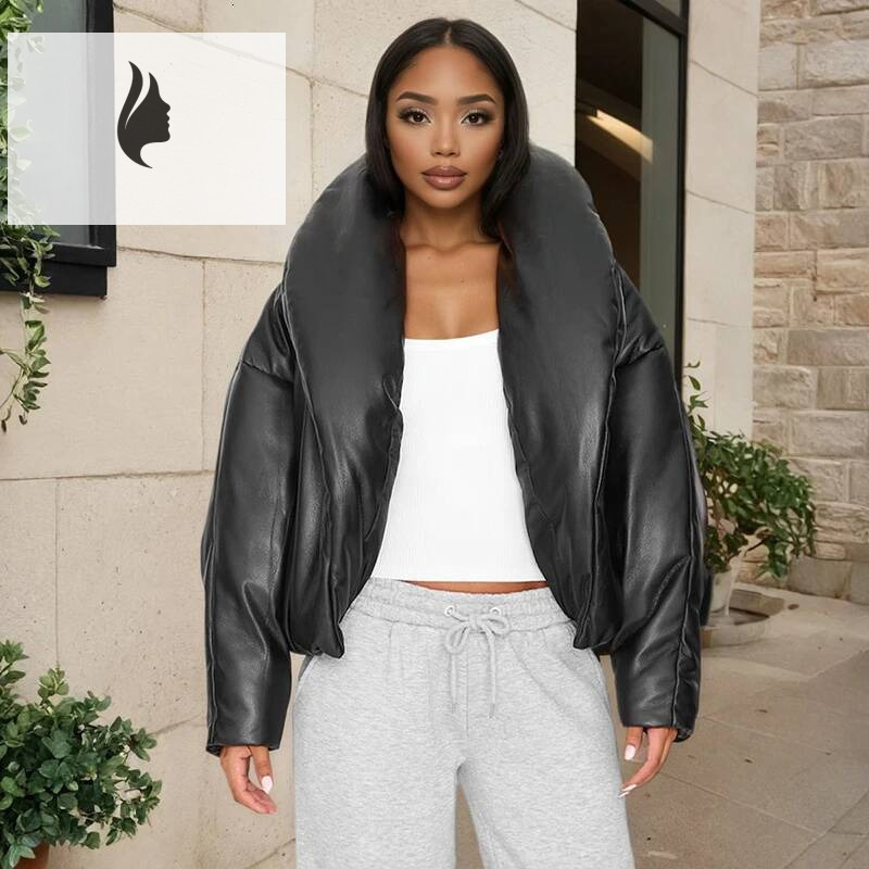 winter jacket women CUTENOVA Women'S Fall/Winter New Arrival Leather-Trimmed Stand Collar Solid Color Loose-Fit Cropped Crop Top Cotton Jacket