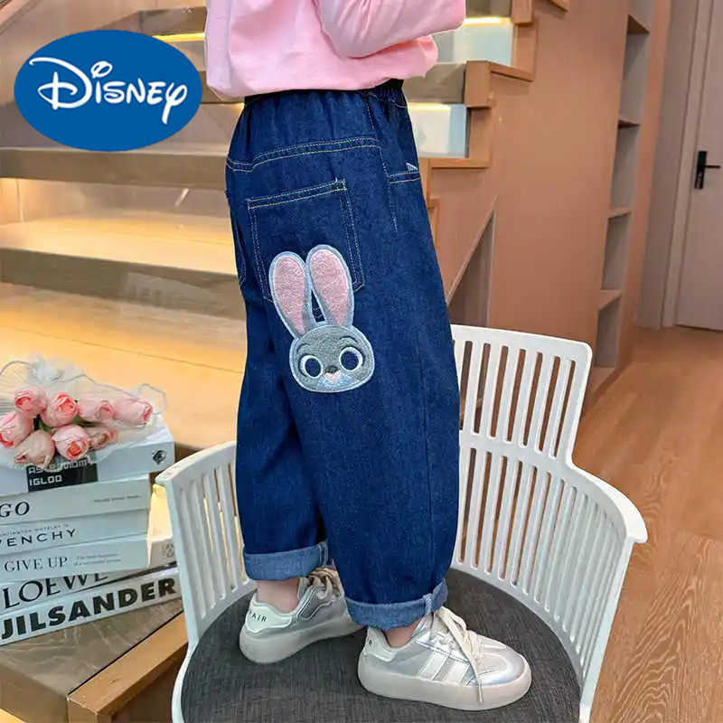 Disney Cute Cartoon Judy Girls Jeans Spring Autumn Vintage Elastic Waist Wide Leg Denim Pants Childrens Casual Trousers H251027