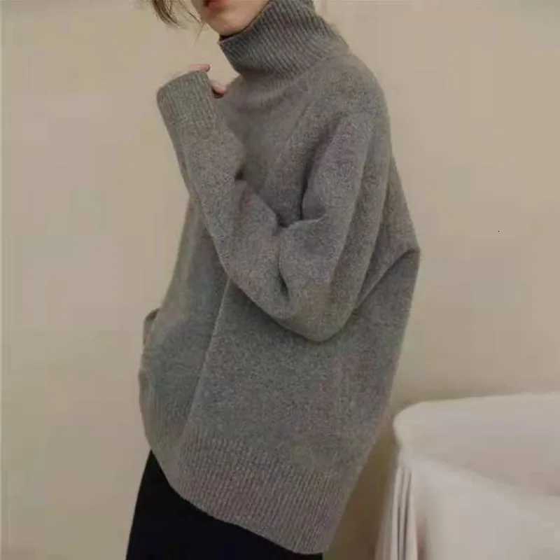 High necked sweater women thick and loose fitting French top knitted bottom sweater autumn and winterT251027