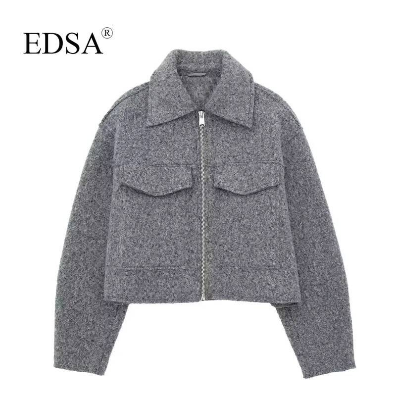 winter jacket women EDSA Women Solid Bomber Jacket with Flap Pockets Front Zipper Lapel Autumn Winter Casual Cropped Outerwear