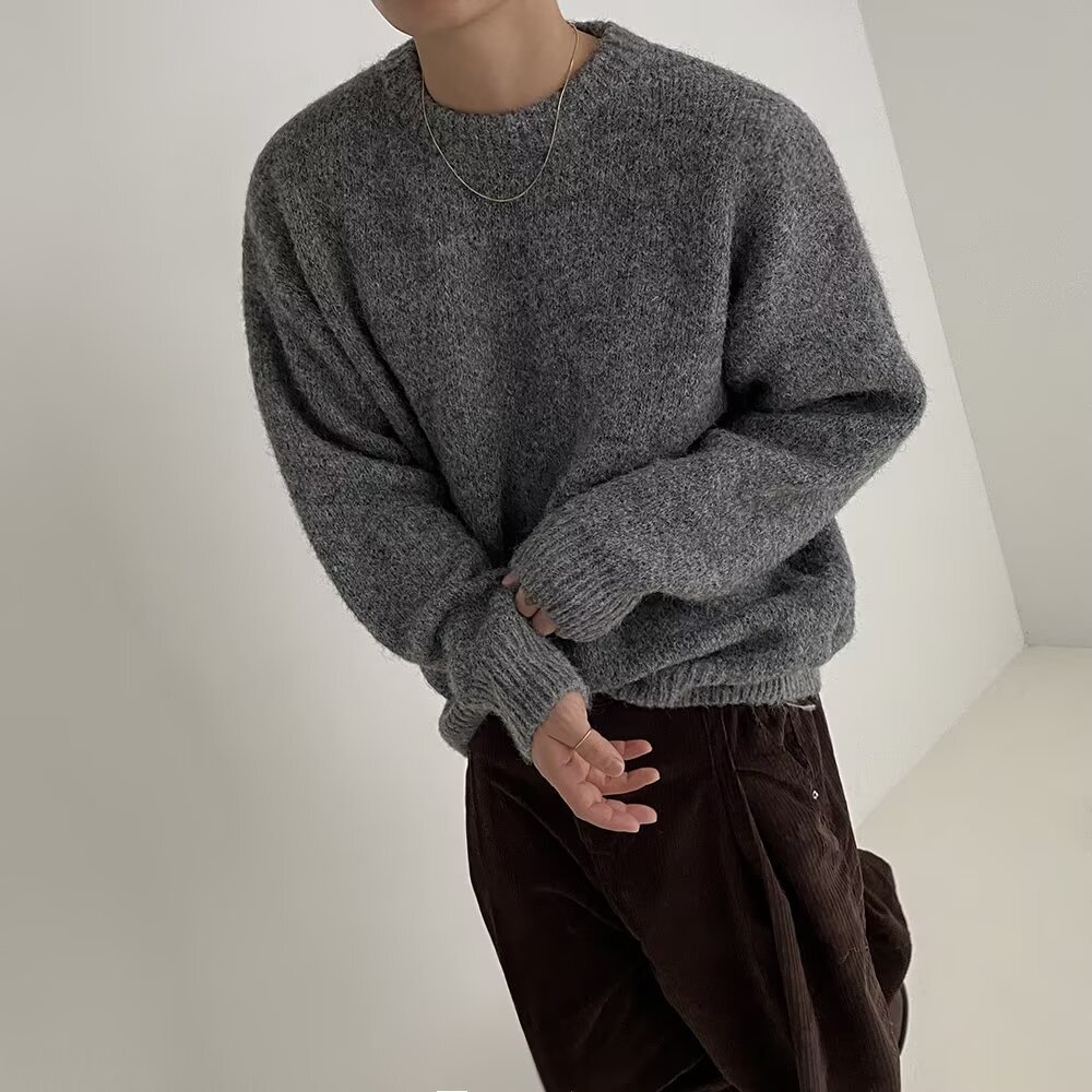 Mohair Designer Sweater Knitted Sweater For Men Autumn Korean Style Trendy Casual Lazy Pullover Sweater Loose Round Neck Top