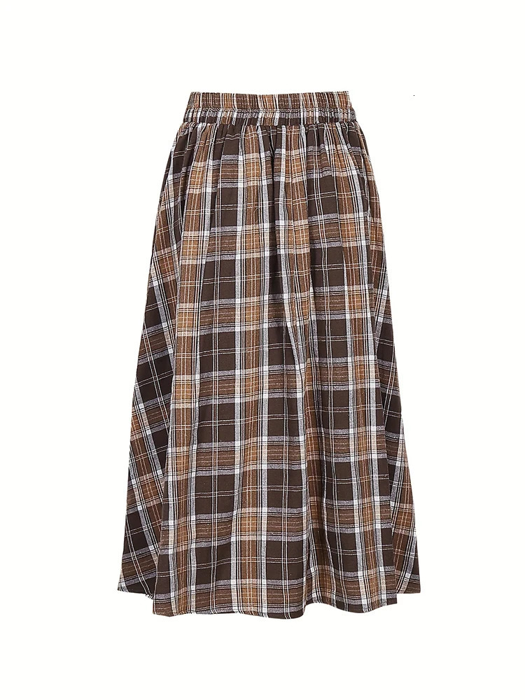 Plus Size Casual Skirt Womens Plaid Print Button Decor Elastic Ruched 251027