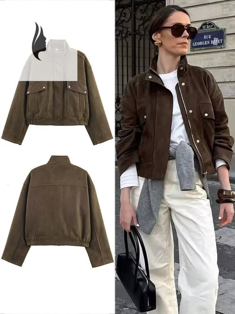 winter jacket women HH Women Vintage Solid Suede Coat Turtleneck Long Sleeve Zipper Bomber Jacket Outerwears Autumn Casual Female Streetwear