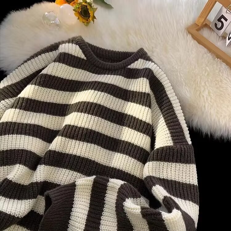 Color Block Designer Sweater Striped Sweater Men Winter American Style Lazy Warm Knitwear High-end Trendy Brand Crew Neck Jacket