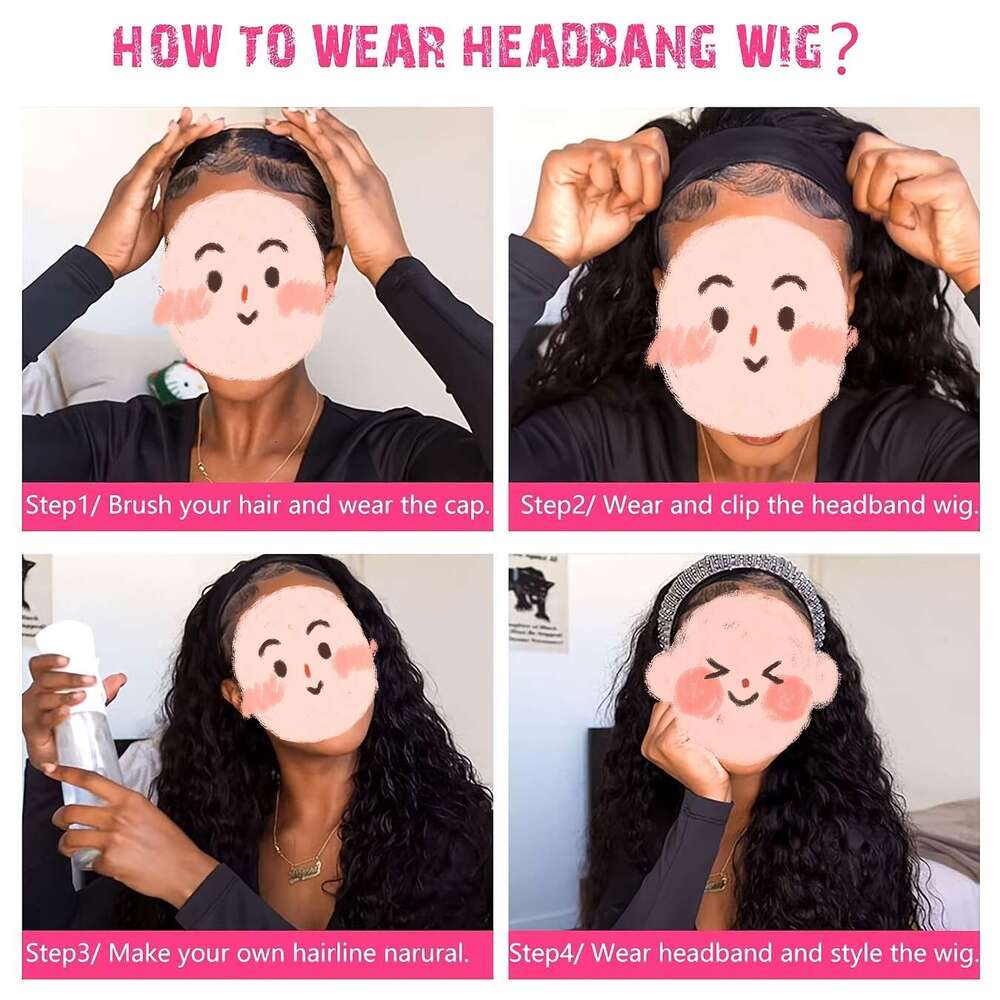 1Pc Elegant Unisex-Adult Curly Headband Wig, 180% Density Water Wave Synthetic Half With Elastic Cap And Attached Headbands, High Temperature Fiber, G