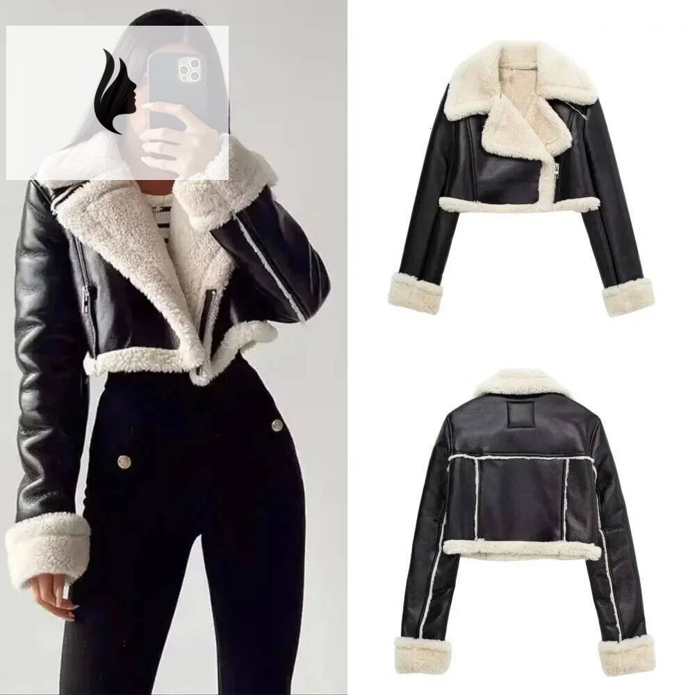 winter jacket women Women's Cropped Coat Black Wool Blends Coats Bomber Tweed Autumn Winter Leather and Fur Crop Jacket