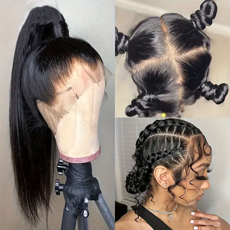 RONGDUOYI 180% Density High-Temperature Fiber Front Lace Wig - 24" Straight Hair, Pre-Plucked Realistic Look, Unisex Adult, Ideal For Everyone, S