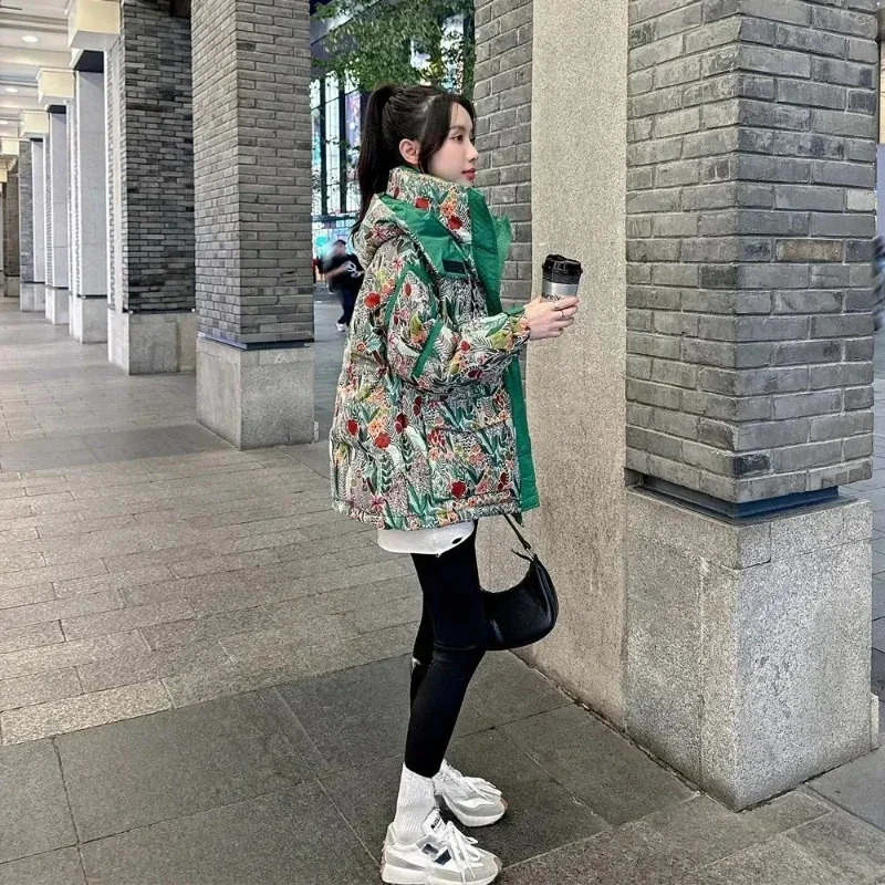 Fashion Zipper Hooded Short Printed European Goods Down Cottonpadded Womens Winter Thick Warm Green Coat 251027