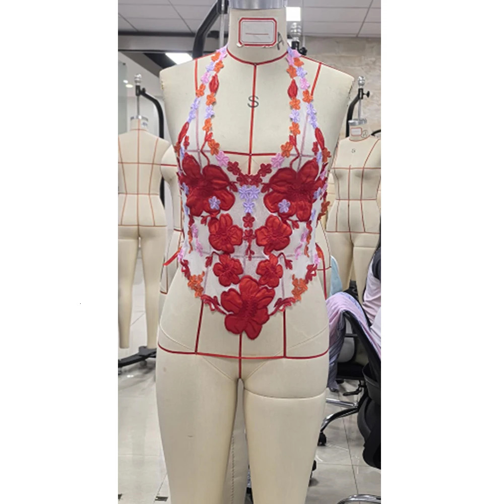 Women y2k Sleeveless Mesh Sheer Halter Tops Summer Floral Embroidery VNeck Backless Bandage Aesthetic Grunge Cami Party Tops 251027