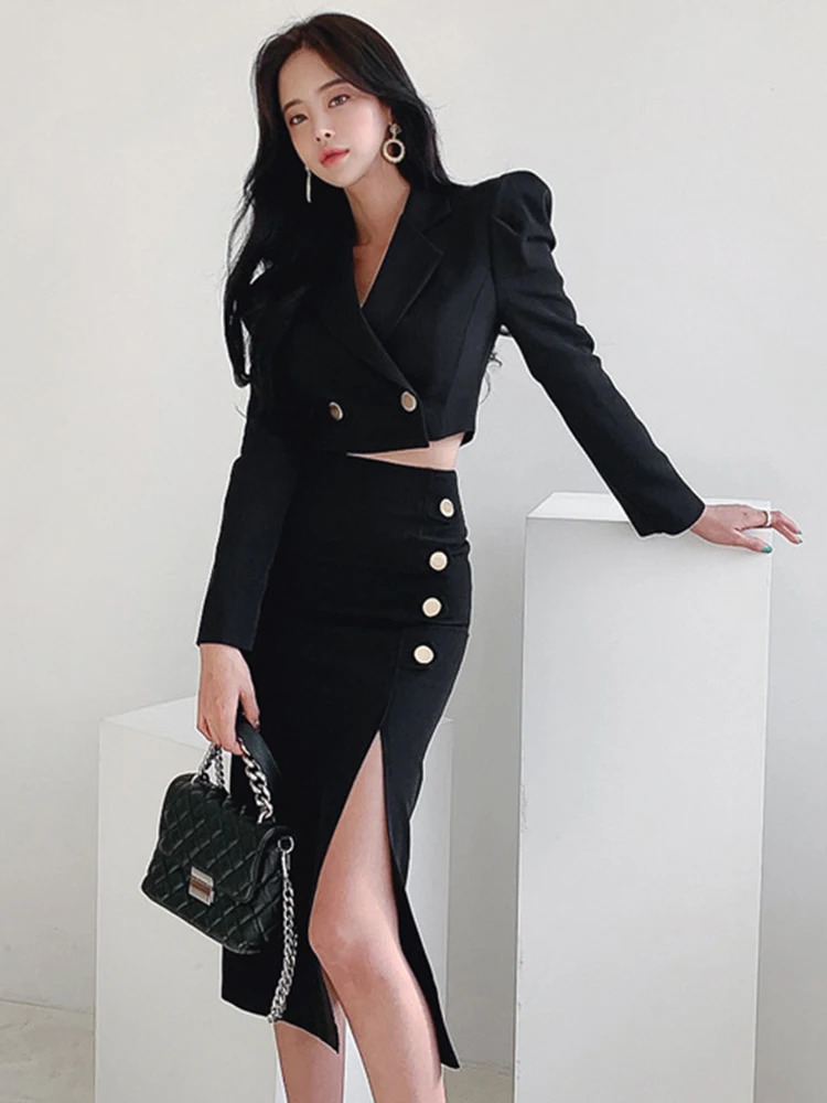 Spring Elegant Black 2 Pieces Outfits Women Lady Chic Temperament Formal Casual Short Cropped Coat Split Skirt Suit Sets Mujer 251023