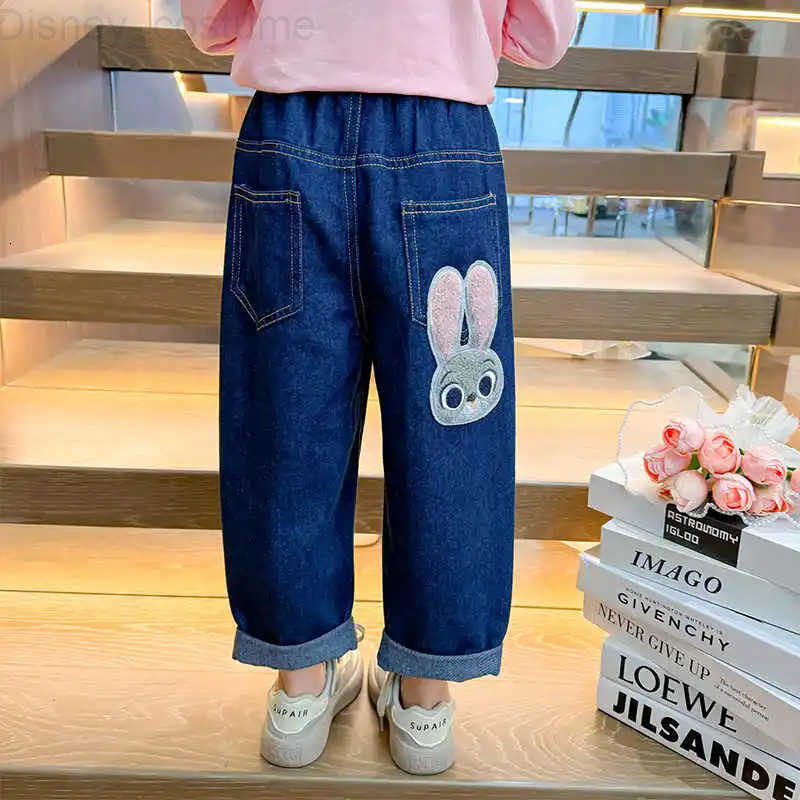 Disney Cute Cartoon Judy Girls Jeans Spring Autumn Vintage Elastic Waist Wide Leg Denim Pants Childrens Casual Trousers H251027