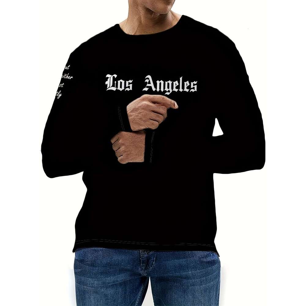 Men's Casual Long Sleeve T-Shirt With Los Angeles Graphic Print - Black & White Gothic Lettering, Round Neck, Hine Washable, Autumn Winter Fashio