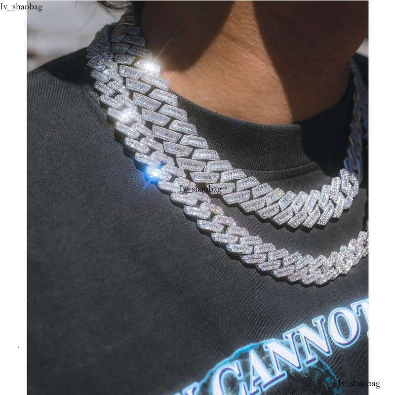 Baguette dia 20mm gold plated Sier necklace vvs moissanite baguette cuban link chain aaa